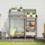 outdoor potting bench with sink, wood garden workstation shown in use