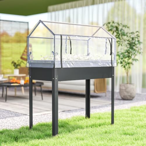 outsunny raised garden bed with flip-up cover, 39.4"x18.9"x48.8", front angle view