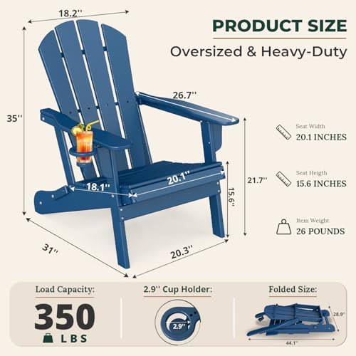 BRIOPAWS Folding-Adirondack-Chairs Set of 2 | HDPE Plastic | Fire Pit Chair | Cup Holder | Curved Back | All Weather| for Outdoor Backyard Deck Patio | Blue