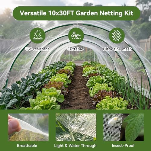 garden netting kit for raised beds, 10x30ft ultra shown in use