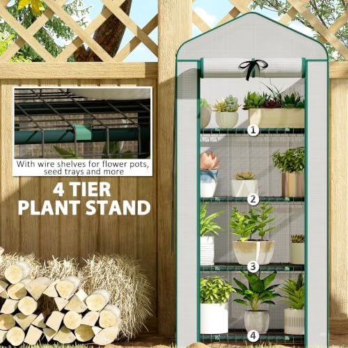 outsunny 4 tier mini greenhouse w/ screen roof showing dimensions