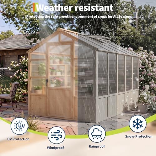 heavy duty walk-in wooden greenhouse kit, 4mm polycarbonate showing dimensions