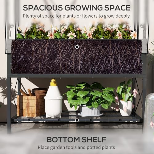 outsunny raised garden bed with cover and storage, side view