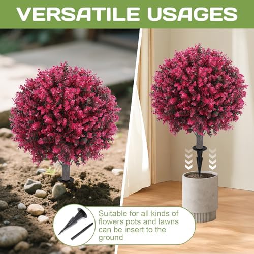 set of 2 artificial red eucalyptus topiary ball, side view