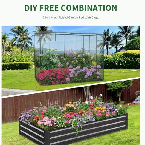 galvanized raised garden bed with crop cage plant, front angle view