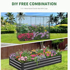 galvanized raised garden bed with crop cage plant, front angle view