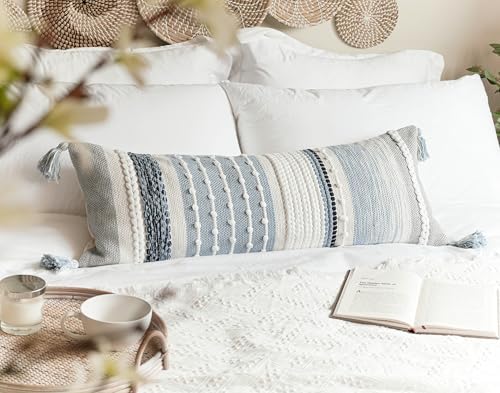 blissblush coastal blue decorative lumbar pillow cover 14x36, front angle view