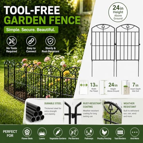 garden fence, 17in (h) x25ft (l) garden fencing shown in use