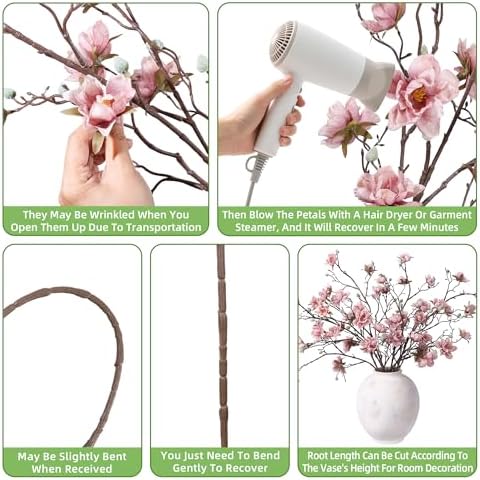 hyeflora 3pcs artificial magnolia flowers stems for spring, side view