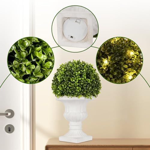 artificial boxwood topiary plants with vase, artificial boxwood, close-up detail