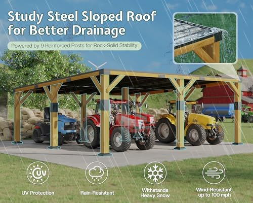jocisland 20x20x9.2 ft heavy duty cedar wood carport showing dimensions