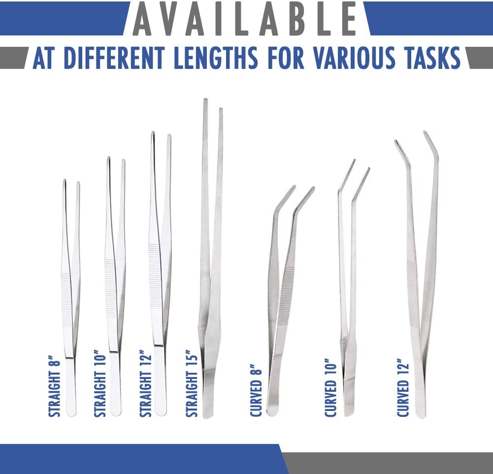 2 Pcs Straight and Curved Tip Tweezers 12 Inch, Stainless Steel Precision Tweezers Set with Serrated Tips Comfortable Ridged Handle, Tweezer Tongs for Cooking Repairing with Essential Tweezer Ebook | Stainless Steel Food Tweezers Set, Professional