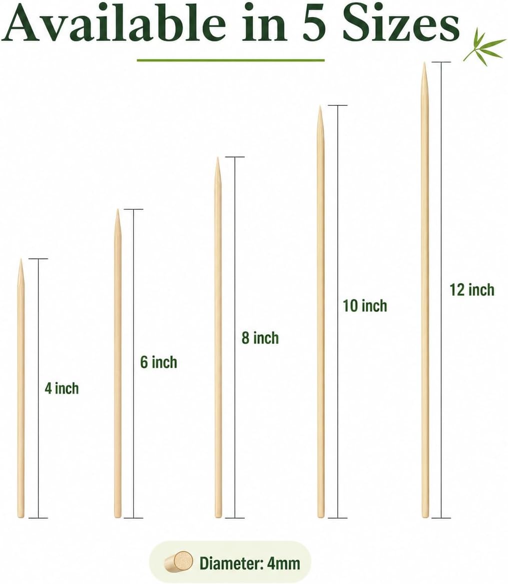 100 PCS Natural Bamboo Skewers, 4/6/8/10/12 Inch 4mm Thick Heavy Duty BBQ Sticks for Grilling, Kabob, Cocktail, Fruit, Chocolate Fountain, Crafting, Party (12 inch)