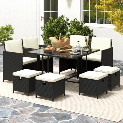 tangkula 9 pieces outdoor dining furniture set, space-saving shown in use