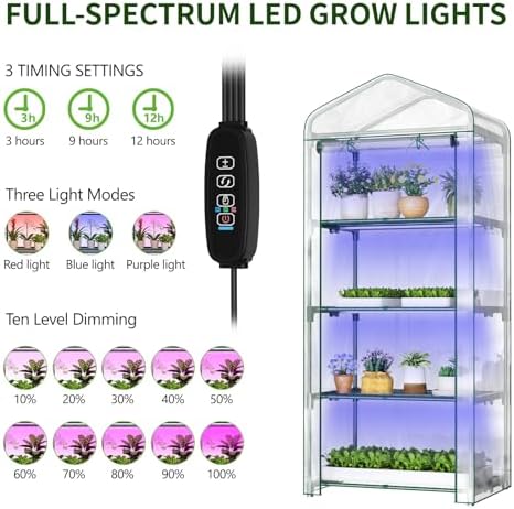 sunyrisy 4 tier indoor/outdoor greenhouse with grow lights, side view