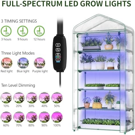 sunyrisy 5 tier indoor/outdoor greenhouse with grow lights, side view