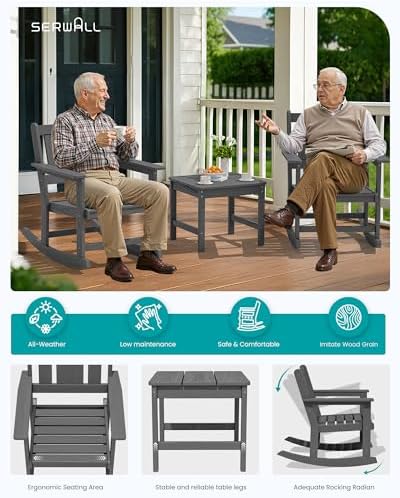 SERWALL 3-Piece Patio Furniture Set with 2 Rocking Chairs & Table, Grey | All-Weather HDPE Bistro Set: Includes rocking chairs and table with umbrella hole for cozy outdoor leisure and relaxation.