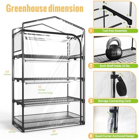 indoor greenhouse with grow light, 4-tier plant shelf, package contents