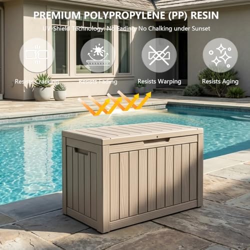 outdoor storage box, 50 gallon waterproof deck box showing dimensions