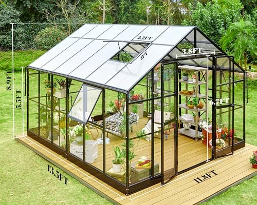 amerlife 12x13.5x9ft hybrid polycarbonate greenhouse quick-connect assembly shown in use