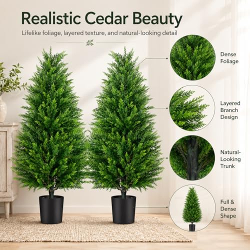 artificial topiary cedar trees, 3ft tall, set of shown in use