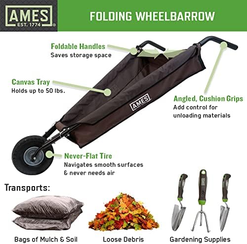 ames folding wheelbarrow lawn yard cart, lightweight, heavy shown in use