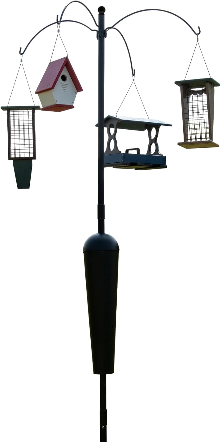 Sequoia Squirrel Proof Bird Feeder Pole System with Patented Spring Baffle, 4 Hanging Stations, Heavy Duty Galvanized Steel with Auger, Adjustable Arms