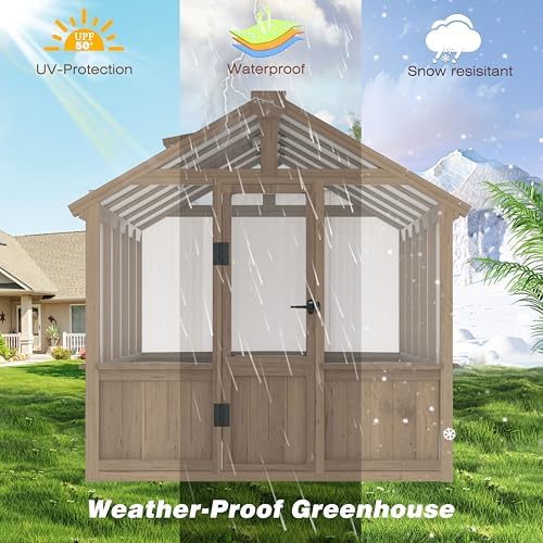 mupater 6'x10' wooden greenhouse for outdoor, heavy duty, front angle view
