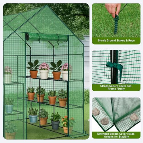 outvita walk-in greenhouse, 3 tiers 8 shelves, durable showing dimensions