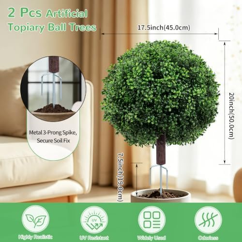 27.5" artificial boxwood topiary ball trees for outdoors, close-up detail
