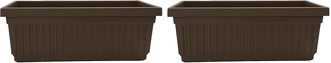 The HC Companies 18 Inch Venetian Rectangular Window Planter Box - Lightweight Plastic Indoor Outdoor Plant Pot with Drainage for Windowsill, Herbs, Flowers, Chocolate (Pack of 2)