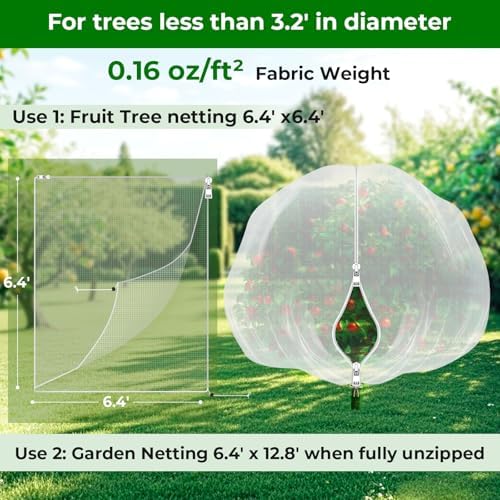 6.4'x6.4' fruit tree netting with 2-way zipper & showing dimensions