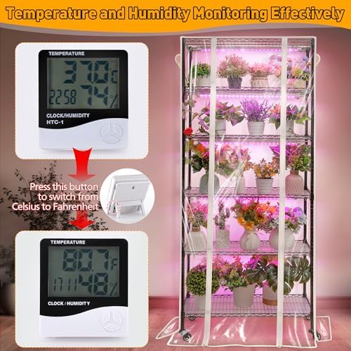 meonum indoor greenhouse with grow lights, 6 tier showing dimensions