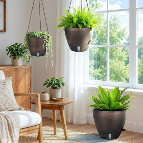 zmtech 12/10/8 inch self watering hanging planter, bronze showing dimensions