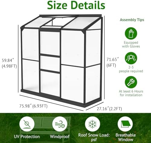 lean-to polycarbonate greenhouse 6x2 ft, black, outdoor garden shown in use