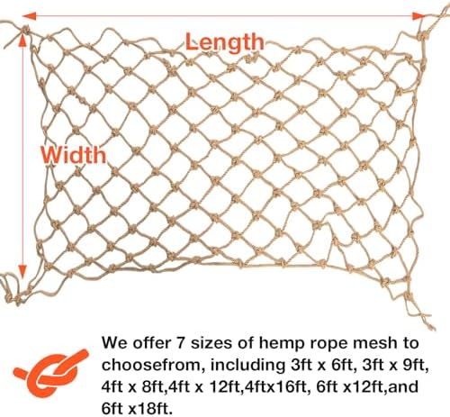 hemp rope net (6ftx12ft) heavy duty natural jute, close-up detail