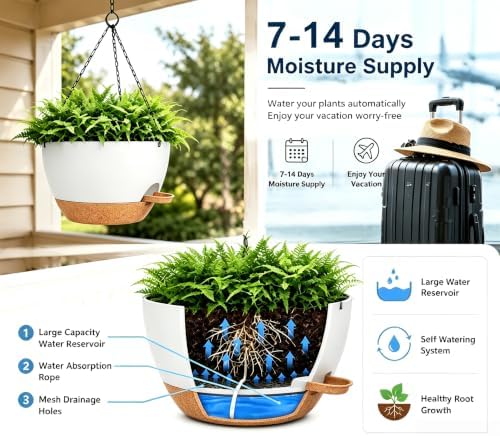 12" self watering hanging planters with chains, white shown in use