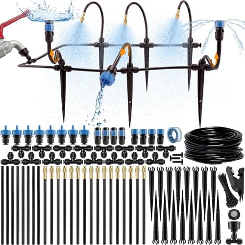 Drip Irrigation System Kit with Atomizing Copper Nozzles, 50 feet | For Raised Beds, Potted Plants or Greenhouse with 16pcs 360° Adjustable Watering Spray Nozzles