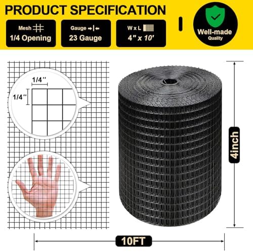 Black Hardware Cloth 4'' x 10' PVC Steel Vinyl Coated 1/4inch Galvanized Wire Mesh Roll (23GA) Chicken Wire Fence Roll, for coop Fences,Screen mesh, Rabbit/Snake Fences, Poultry enclosures, etc.