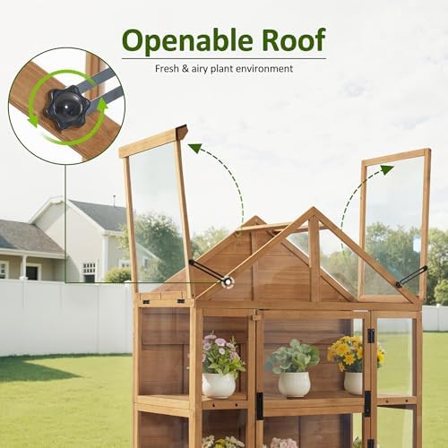 mcombo wooden greenhouse with roof & adjustable shelves showing dimensions