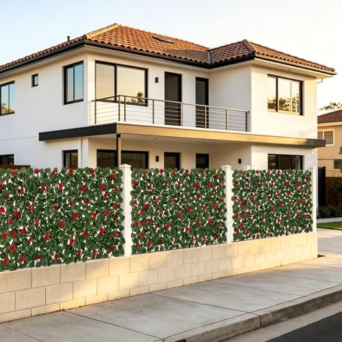 expandable fence privacy screen with artificial flower, greenery on a desk or shelf