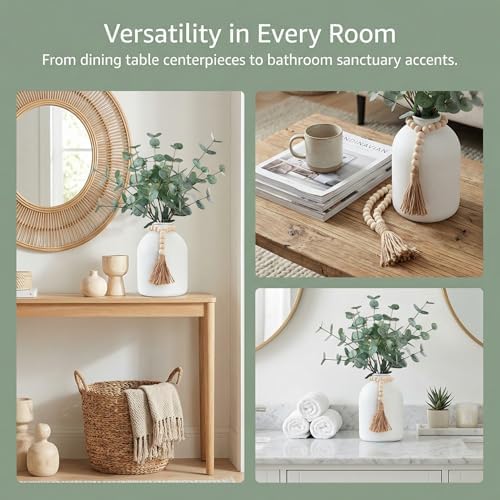 artificial eucalyptus stems in large white vase ,18" on a desk or shelf
