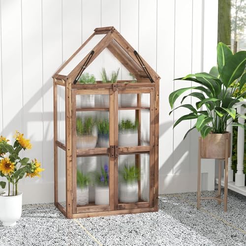 happygrill cold frame, mini wooden green house w/transparent shown in use