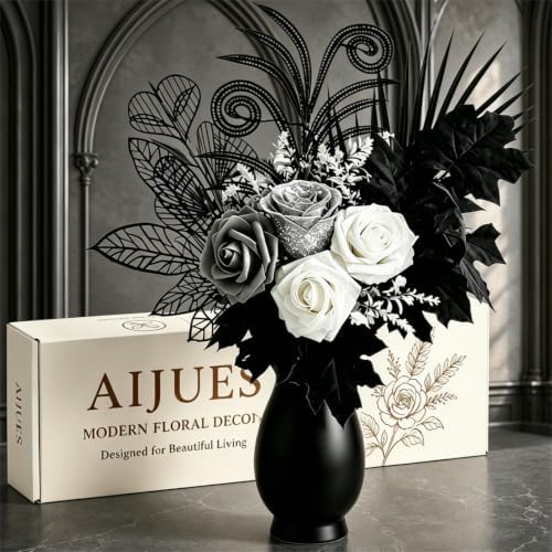 fake flowers for vase, black, white & silver shown in use