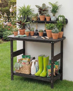 hips outdoor potting table bench with 3-tier storage, front angle view