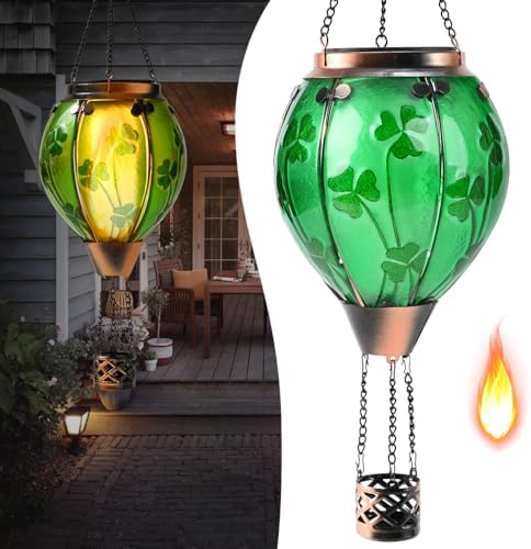 St Patricks Hot Air Balloon Solar Lantern - Patrick's Shamrock Glass Lantern, Simulated Flickering & Dancing Flame, Outdoor Hummingbird Hanging Yard Light for Patio Porch Decor Irish Clover Gift