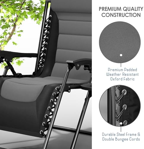 Nestl Padded Oversized Zero Gravity Chair, XL Folding Outdoor Lounge Chair | Adjustable Headrest, Cup Holder & Side Tray, Support 330 LBS, Anti Gravity Reclining, For Patio, Camping & Beach, Black/Grey