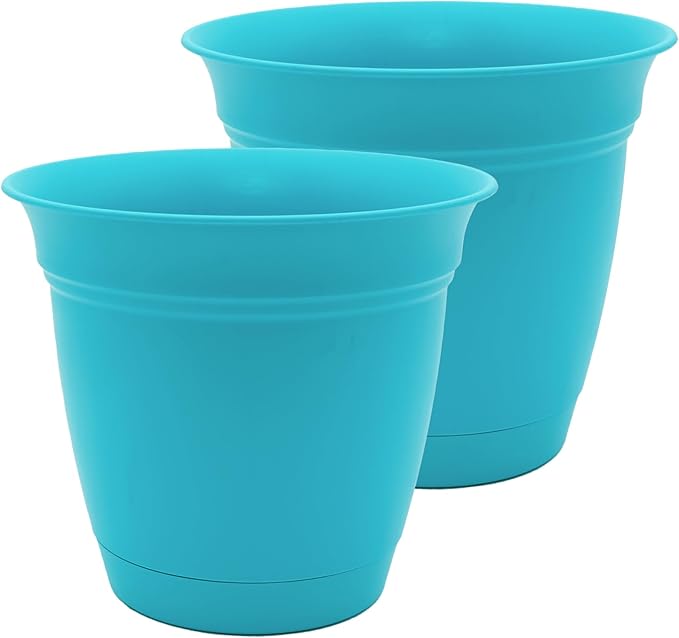The HC Companies 12 Inch Eclipse Round Planter Pots with Drainage Holes & Attached Saucer, Lightweight UV-Resistant Plastic Indoor & Outdoor Planters, 2-Pack Flower Pots for Garden & Home Decor, Teal