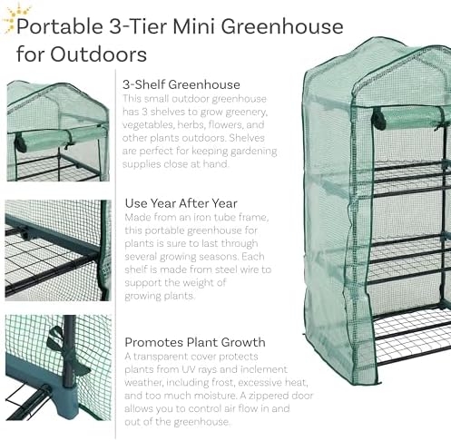 sunnydaze outdoor portable 3-tier mini greenhouse with roll-up shown in use