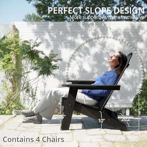LUE BONA Folding Adirondack Chairs Set of 4, HDPS Fire Pit Chairs, Black | All-weather-resistant, ergonomic curved design, all-day comfortable sitting, HDPS Distinct texture & vibrant rich colors